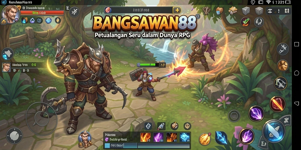 Screenshot gameplay BANGSAWAN88 menunjukkan pertarungan epik di dunia RPG.