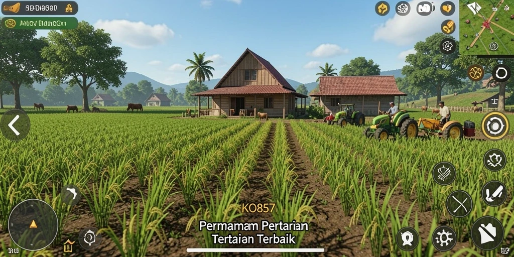 Skrinsut gameplay KO857 menunjukkan petani merawat tanaman.